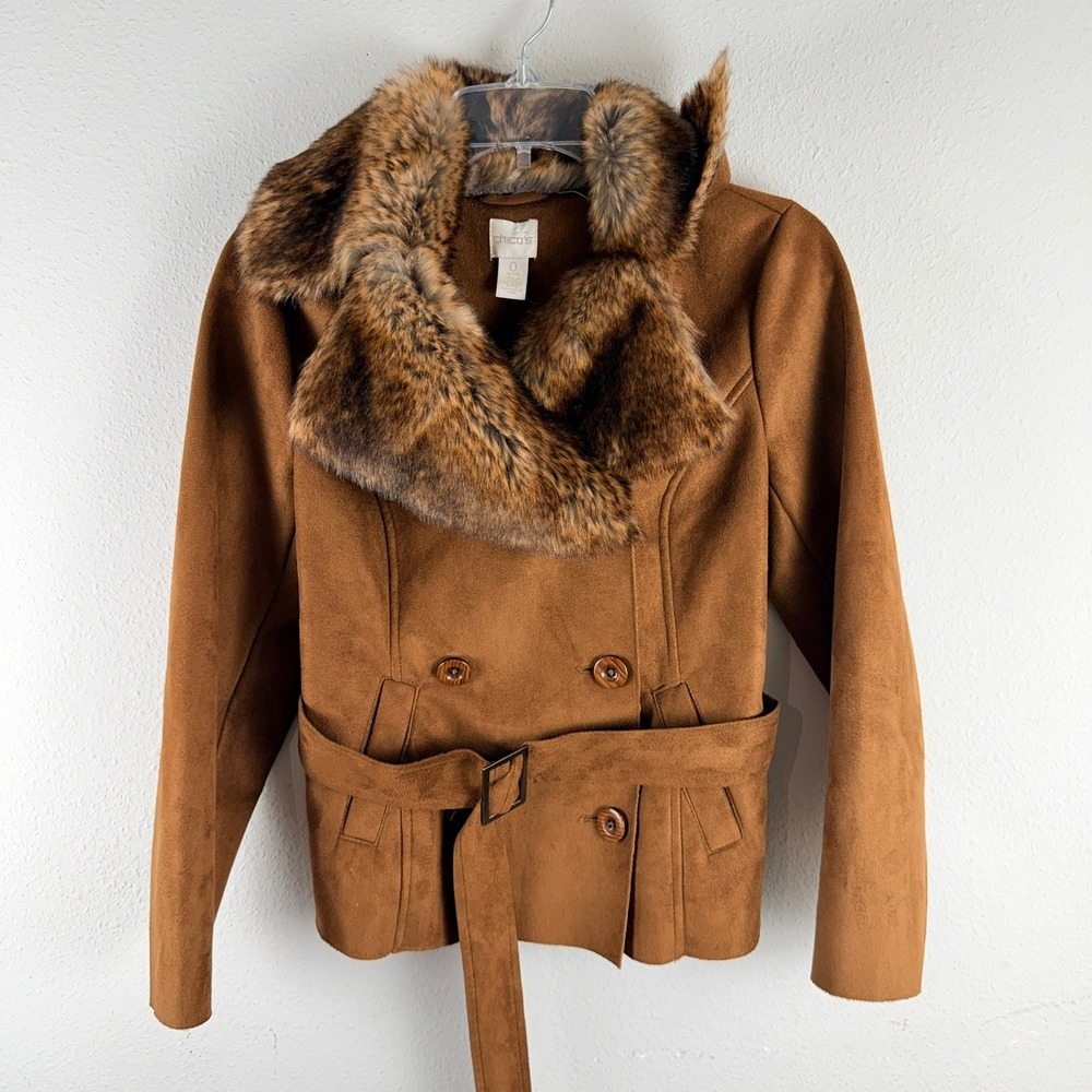 Chicos Faux Suede Jacket 0P Brown Faux Fur Trim Belted Boho Chic Winter Coat